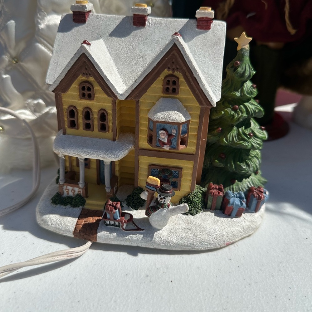 Charming Holiday Village House with Snowman - Yellow and Green